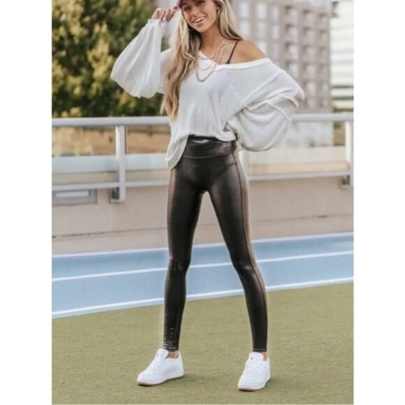 Spanx Faux Leather Croc Leggings Brown/Black M - Picture 4 of 16